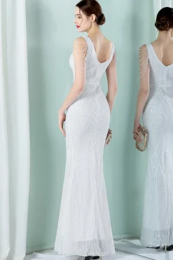 Vestido de noite de sereia de pescoço profundo v branco