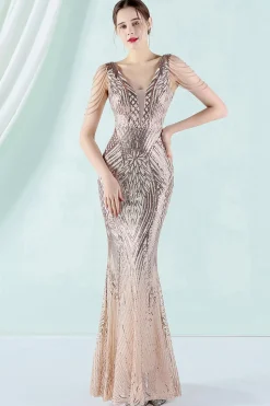 Vestido de noite de sereia de pescoço profundo v branco