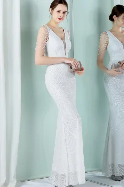 Vestido de noite de sereia de pescoço profundo v branco