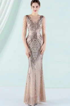 Vestido de noite de sereia de pescoço profundo v branco