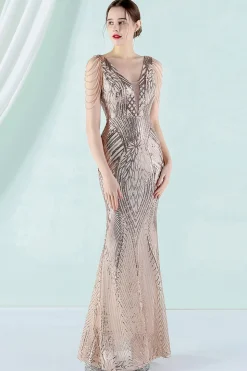Vestido de noite de sereia de pescoço profundo v branco