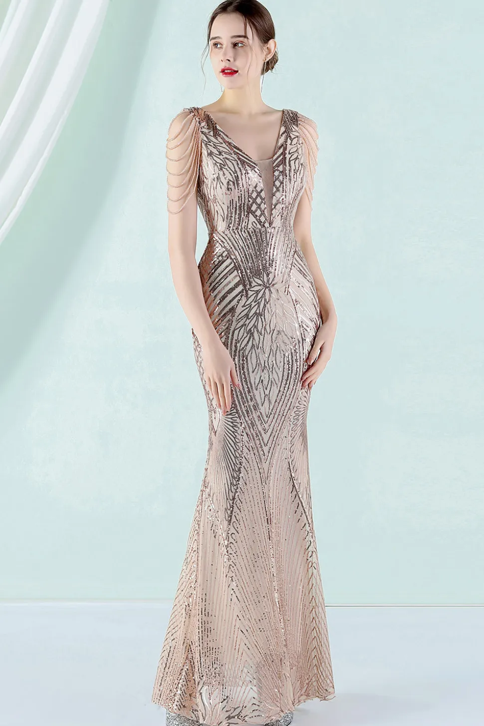 Vestido de noite de sereia de pescoço profundo v branco