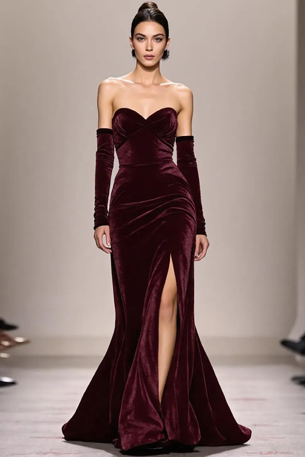 Vestido de noite de veludo longo sem alças vermelho escuro com fenda