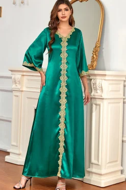 Vestido de noite formal verde com mangas