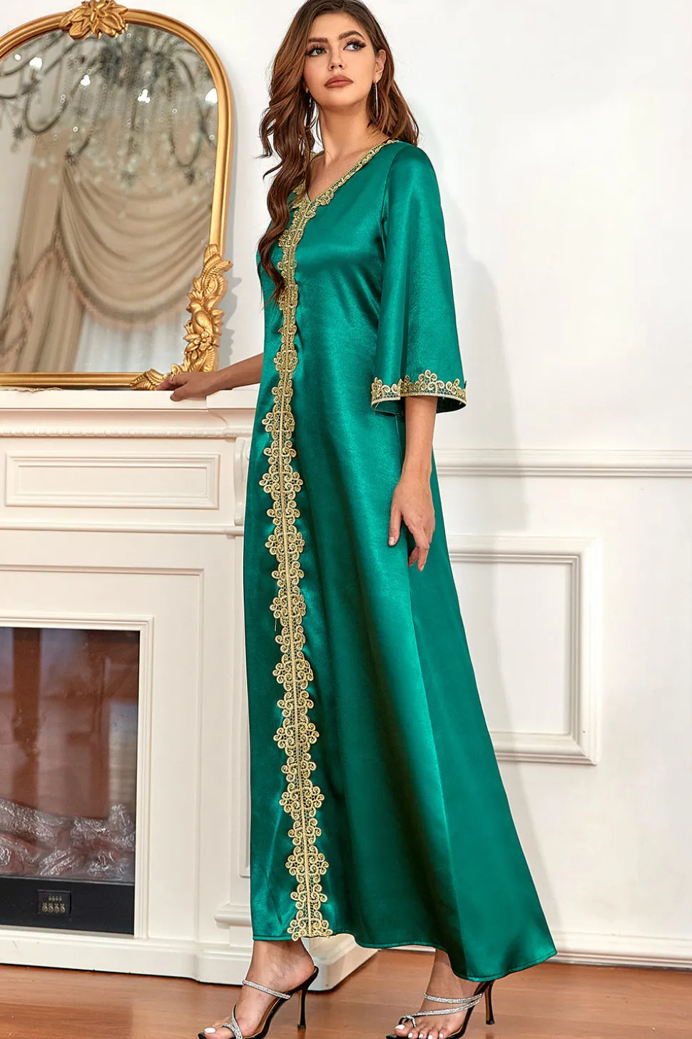 Vestido de noite formal verde com mangas