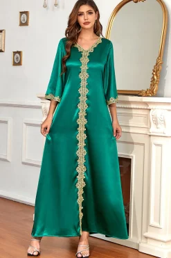 Vestido de noite formal verde com mangas