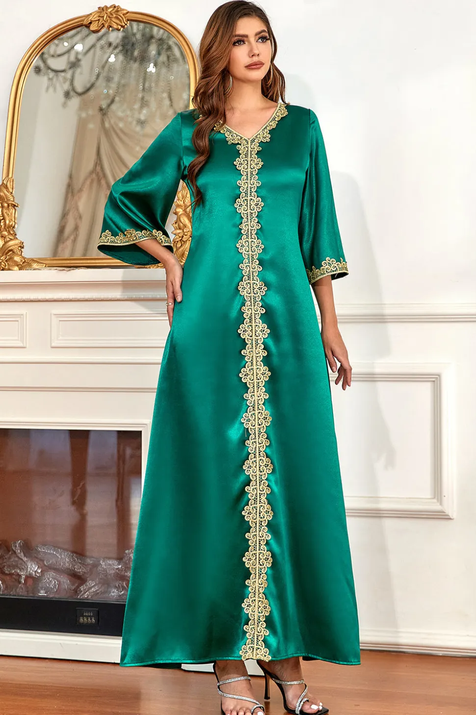 Vestido de noite formal verde com mangas
