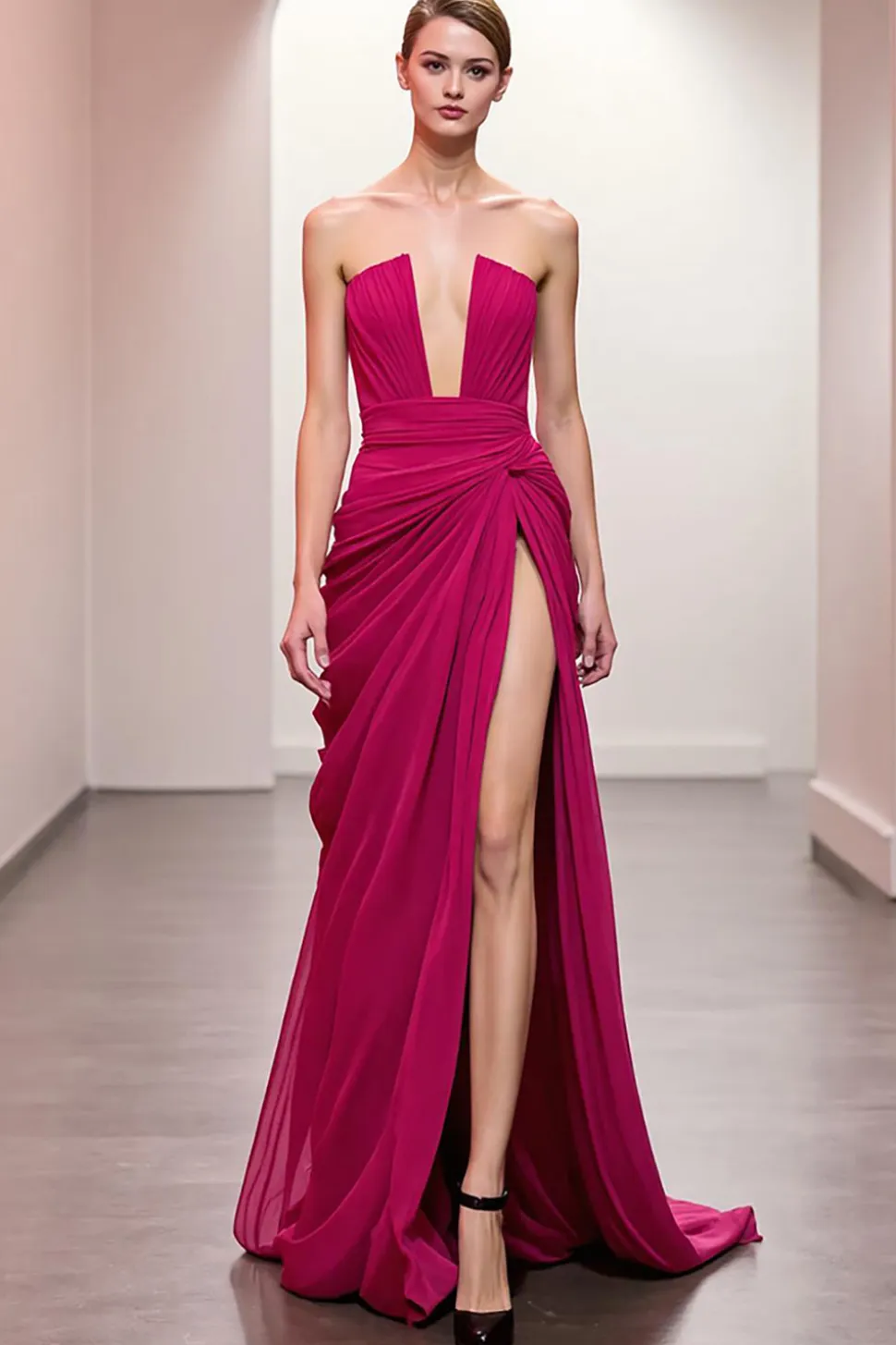 Vestido de noite rosa Ruched Strapless com fenda