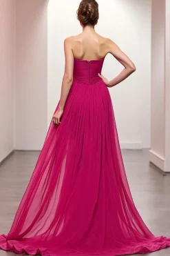 Vestido de noite rosa Ruched Strapless com fenda