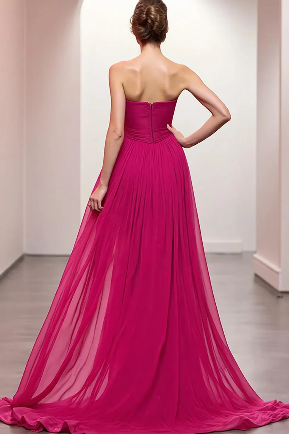 Vestido de noite rosa Ruched Strapless com fenda