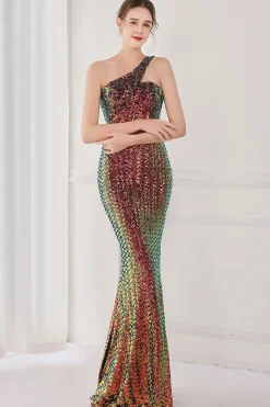 Vestido de noite sereia um ombro colorido