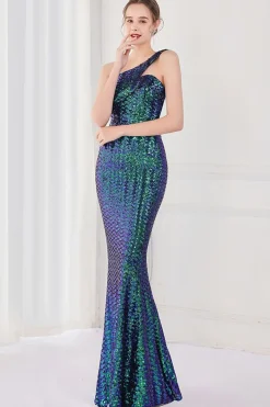 Vestido de noite sereia um ombro colorido