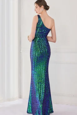Vestido de noite sereia um ombro colorido