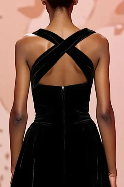Vestido de noite simples de veludo preto longo buraco da fechadura