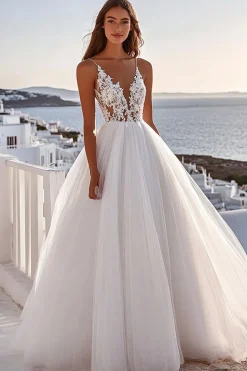 Vestido de Noiva Alças Finas Linha-A Renda Marfim Tule Longo Plissado