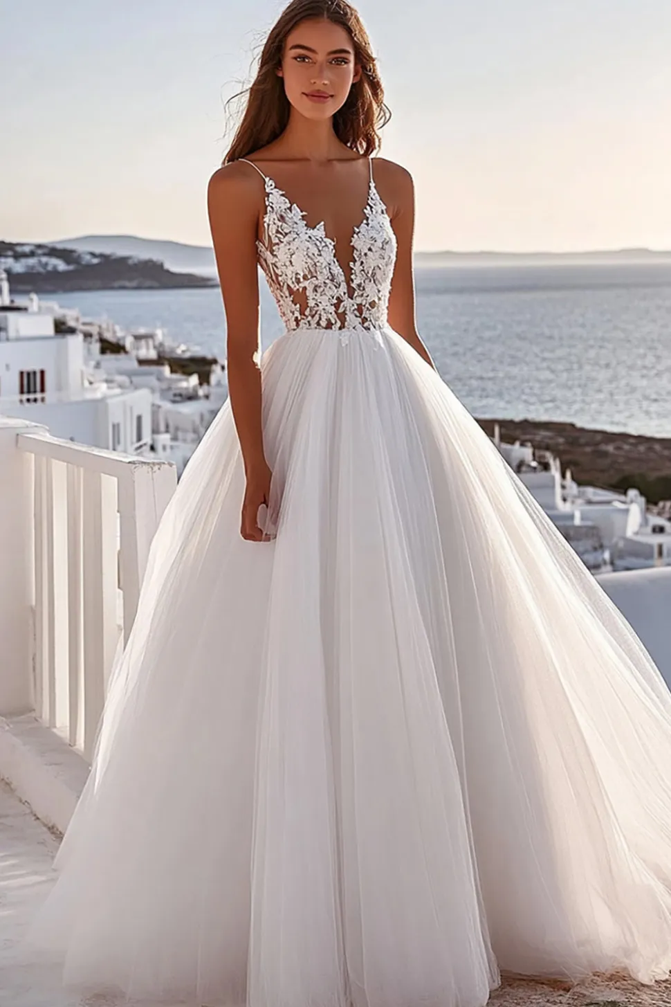 Vestido de Noiva Alças Finas Linha-A Renda Marfim Tule Longo Plissado