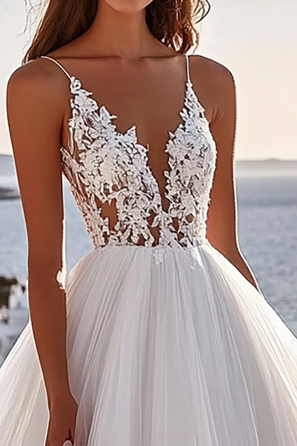 Vestido de Noiva Alças Finas Linha-A Renda Marfim Tule Longo Plissado