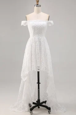 Vestido de Noiva Boho Branco Off the Shoulder Lace High-Low