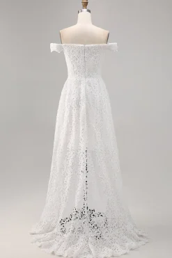 Vestido de Noiva Boho Branco Off the Shoulder Lace High-Low
