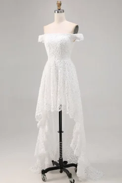 Vestido de Noiva Boho Branco Off the Shoulder Lace High-Low