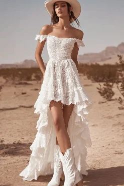 Vestido de Noiva Boho Branco Off the Shoulder Lace High-Low