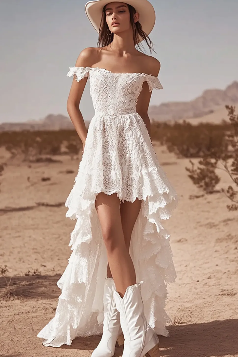 Vestido de Noiva Boho Branco Off the Shoulder Lace High-Low
