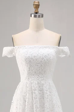 Vestido de Noiva Boho Branco Off the Shoulder Lace High-Low