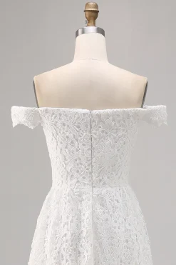 Vestido de Noiva Boho Branco Off the Shoulder Lace High-Low