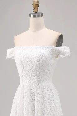 Vestido de Noiva Boho Branco Off the Shoulder Lace High-Low