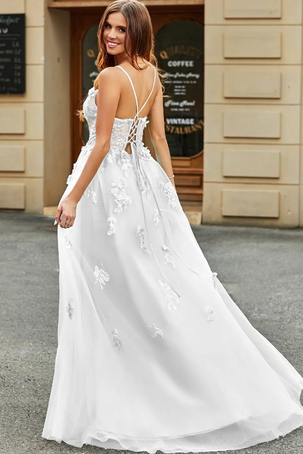 Vestido de noiva branco A-Line Tulle com apliques