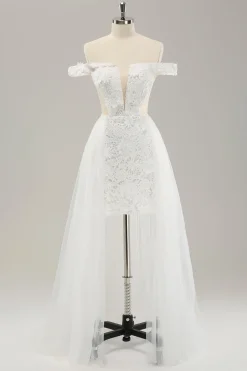 Vestido de noiva branco cortado do ombro com tule destacável