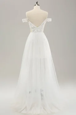 Vestido de noiva branco cortado do ombro com tule destacável