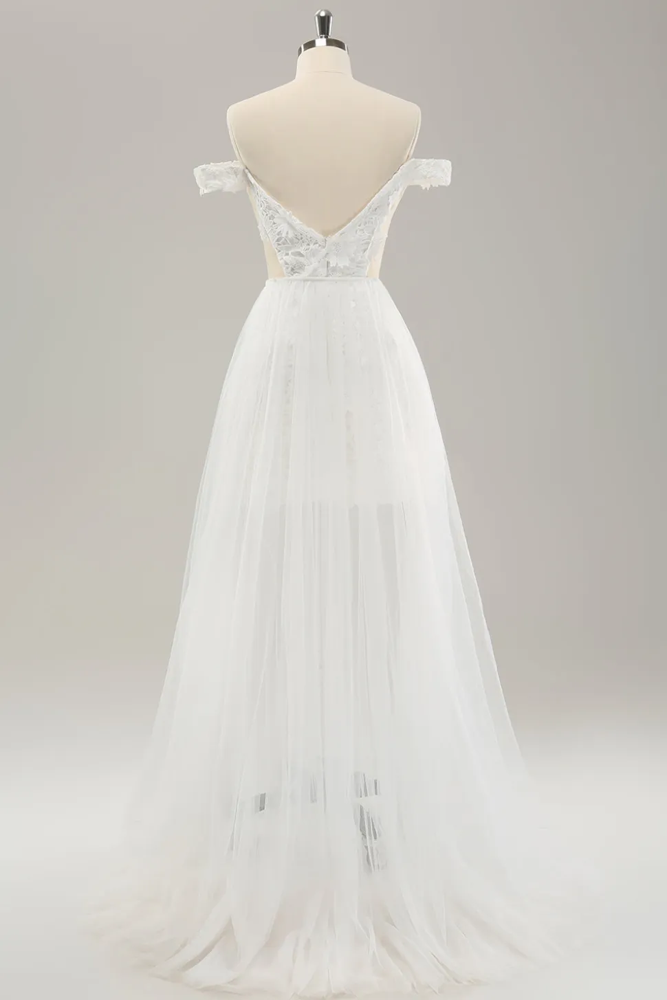 Vestido de noiva branco cortado do ombro com tule destacável