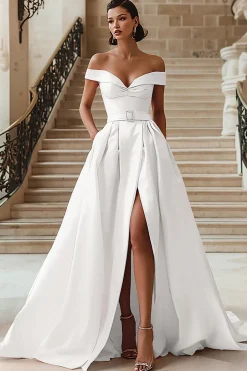 Vestido de noiva branco fora do ombro vestido de noiva com fenda