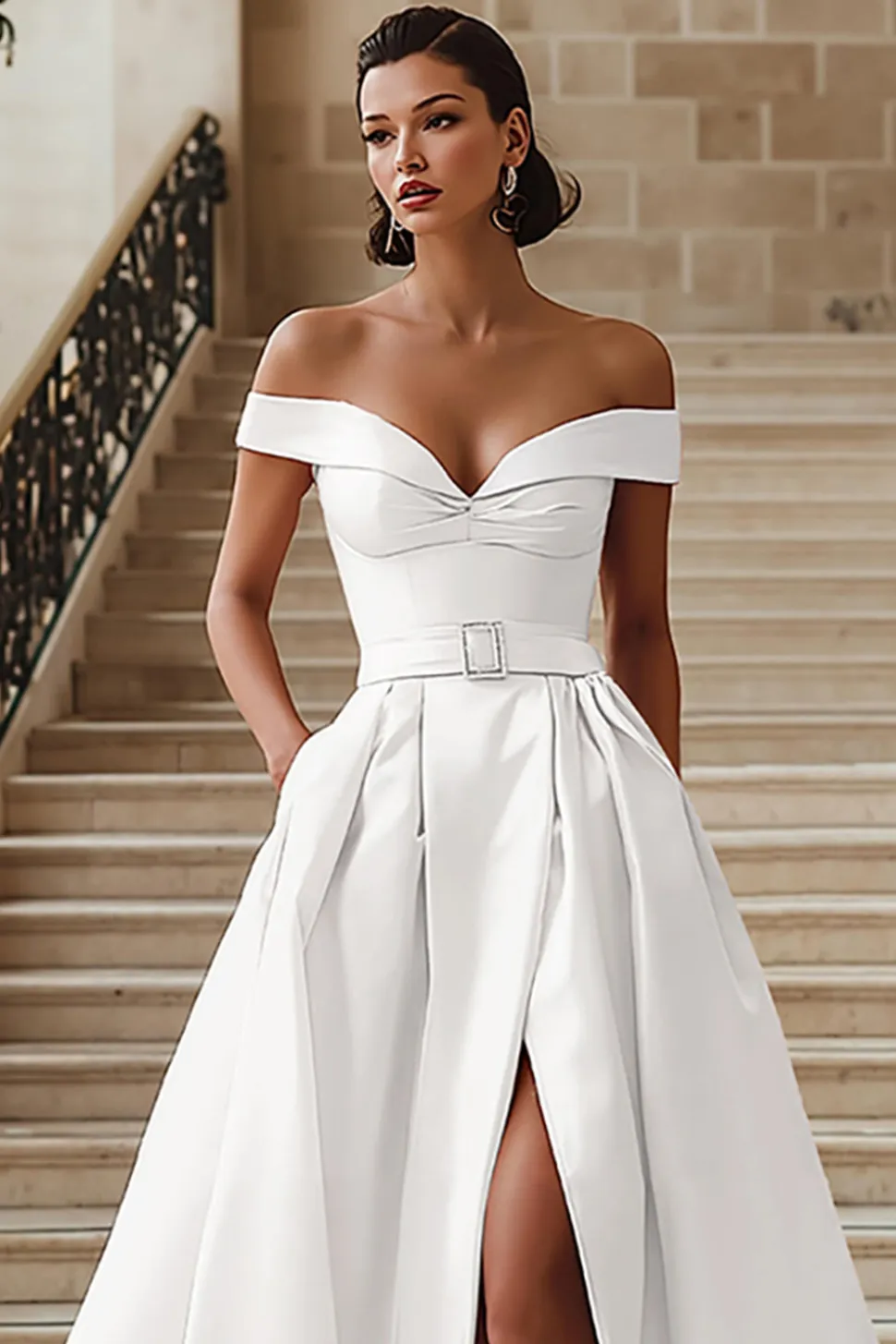 Vestido de noiva branco fora do ombro vestido de noiva com fenda