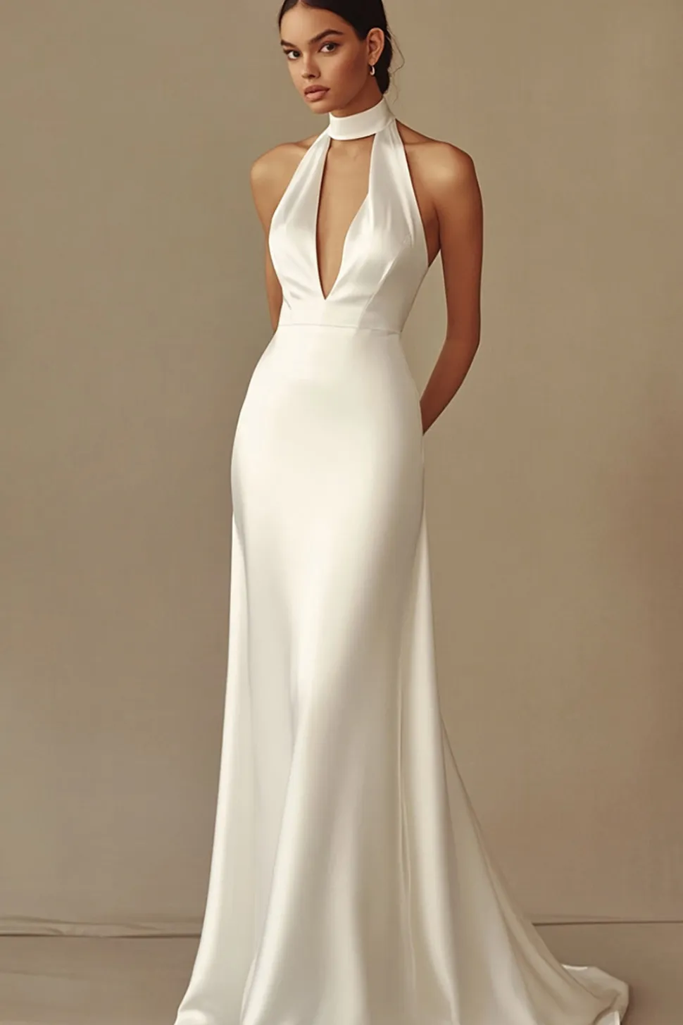 Vestido de Noiva Branco Longo Sereia Cabeçada Cetim Sem Encosto