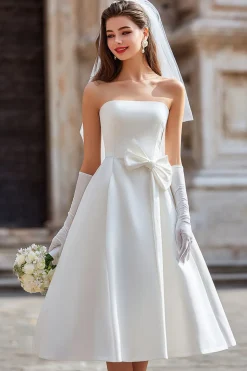Vestido de Noiva Branco Sem Alças A Line com Laço (sem Luvas)