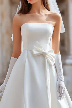 Vestido de Noiva Branco Sem Alças A Line com Laço (sem Luvas)