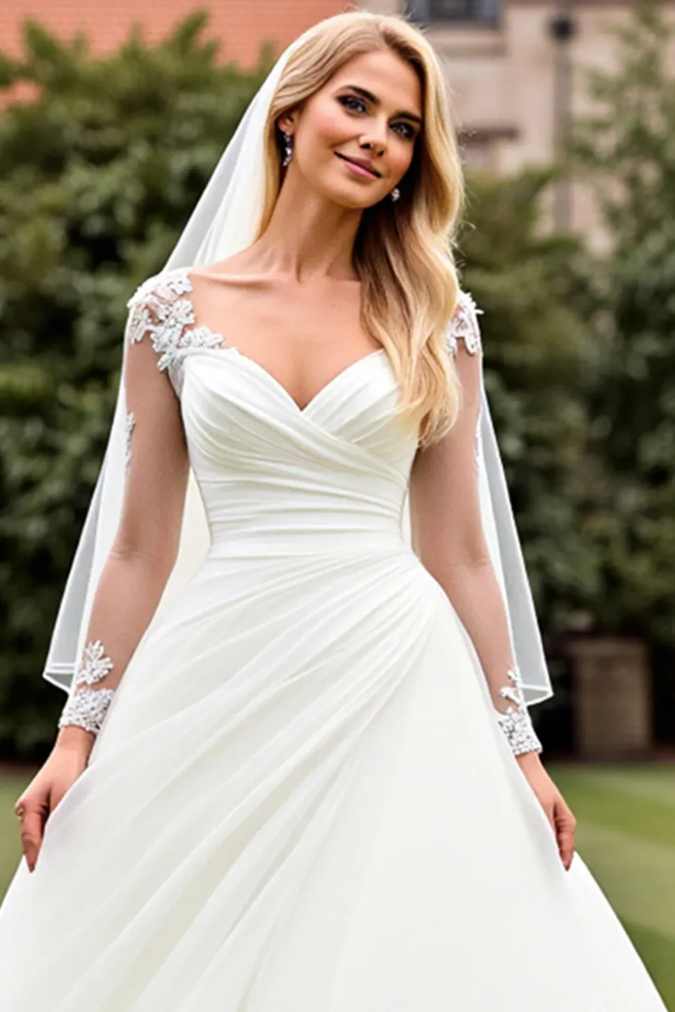 Vestido de Noiva Clássico Marfim Ruched Linha-A Renda Mangas Compridas