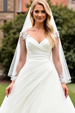 Vestido de Noiva Clássico Marfim Ruched Linha-A Renda Mangas Compridas