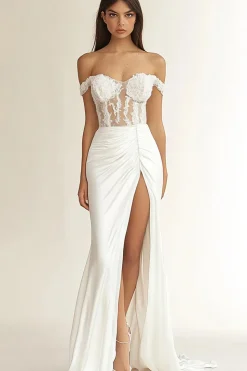Vestido de Noiva com Fenda Sereia Branco Fora do Ombro Ruched Cetim Longo