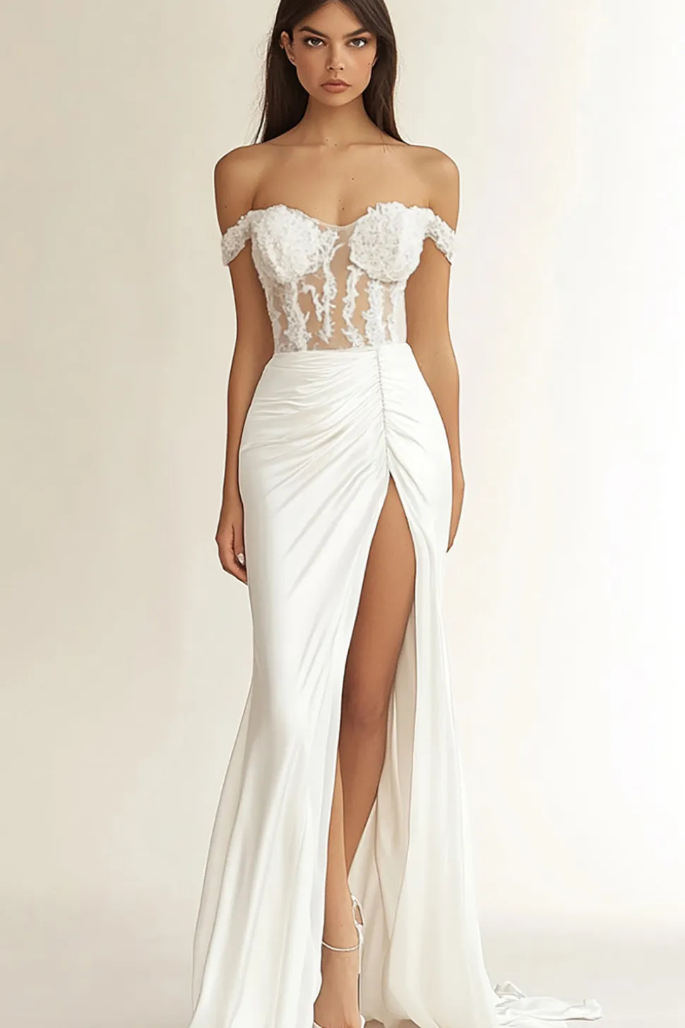 Vestido de Noiva com Fenda Sereia Branco Fora do Ombro Ruched Cetim Longo
