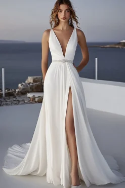 Vestido de Noiva com Fenda Decote em V Marfim Ruched Chiffon Longo Linha-A