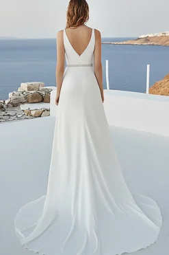 Vestido de Noiva com Fenda Decote em V Marfim Ruched Chiffon Longo Linha-A