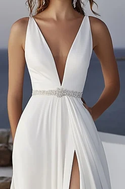 Vestido de Noiva com Fenda Decote em V Marfim Ruched Chiffon Longo Linha-A