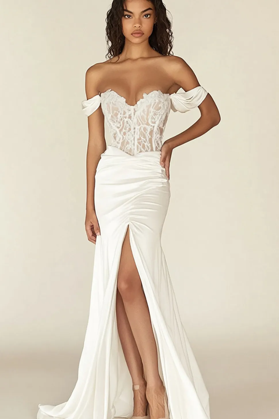 Vestido de Noiva com Fenda Sereia Branco Fora do Ombro Corset Longo