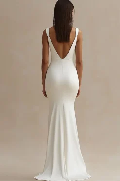 Vestido de Noiva com Fenda Decote em V Cetim Branco Longo Simples Sereia
