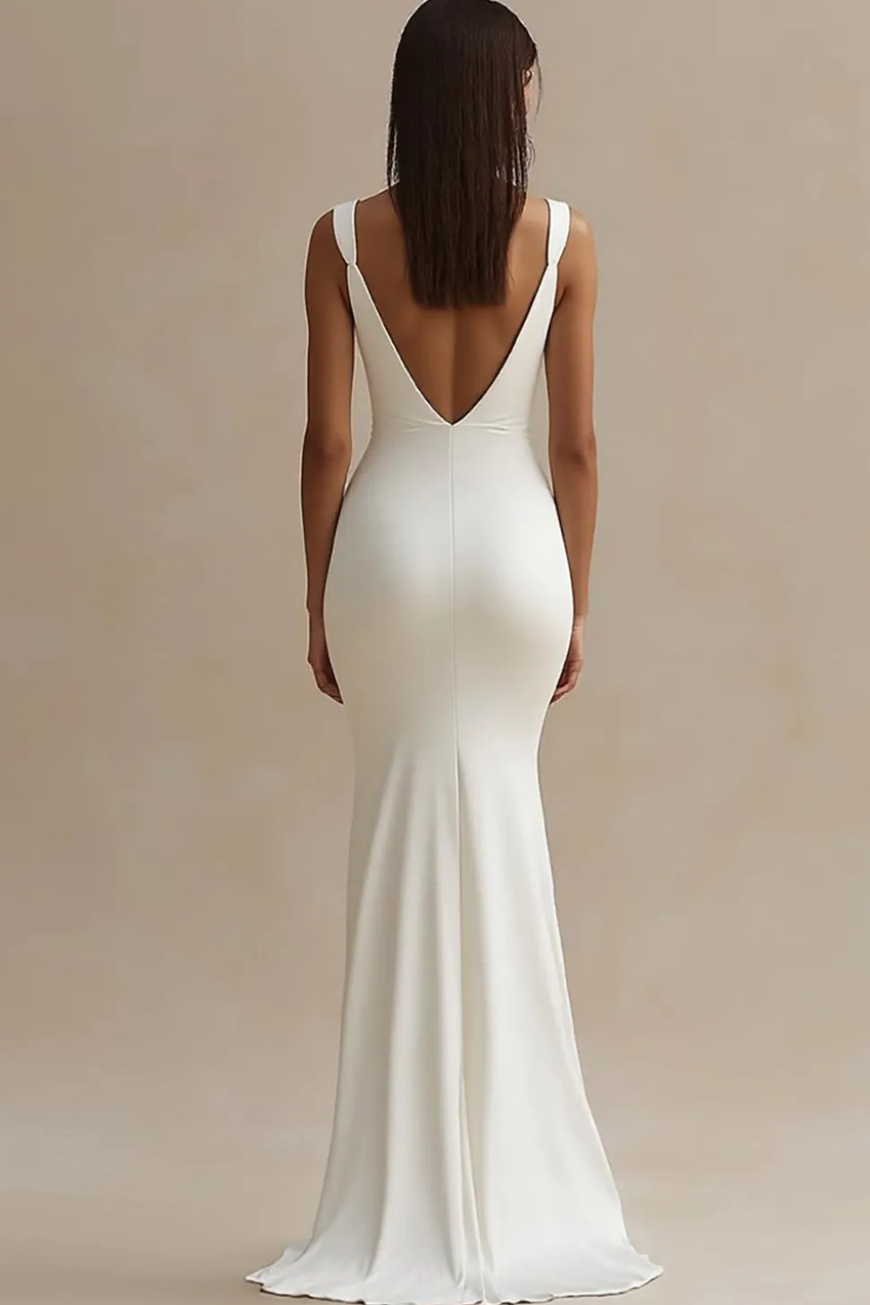 Vestido de Noiva com Fenda Decote em V Cetim Branco Longo Simples Sereia