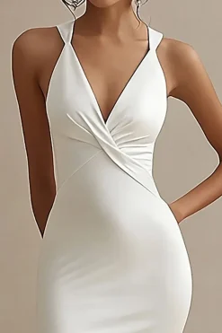Vestido de Noiva com Fenda Decote em V Cetim Branco Longo Simples Sereia