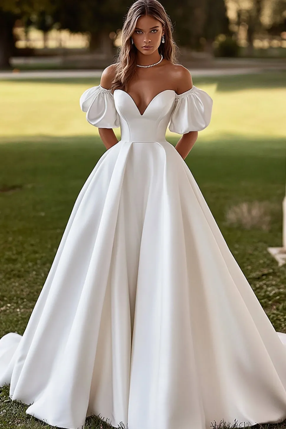 Vestido de Noiva com Fenda Fora do Ombro Cetim Marfim Longo Linha-A